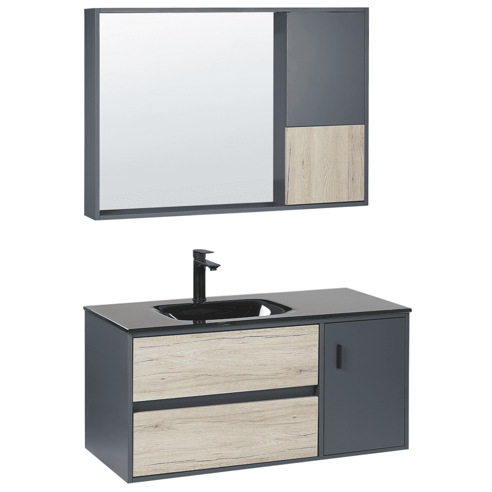 Beliani Súprava kúpeľňového nábytku so zrkadlovou skrinkou 100 cm svetlé drevo/sivá TERUEL